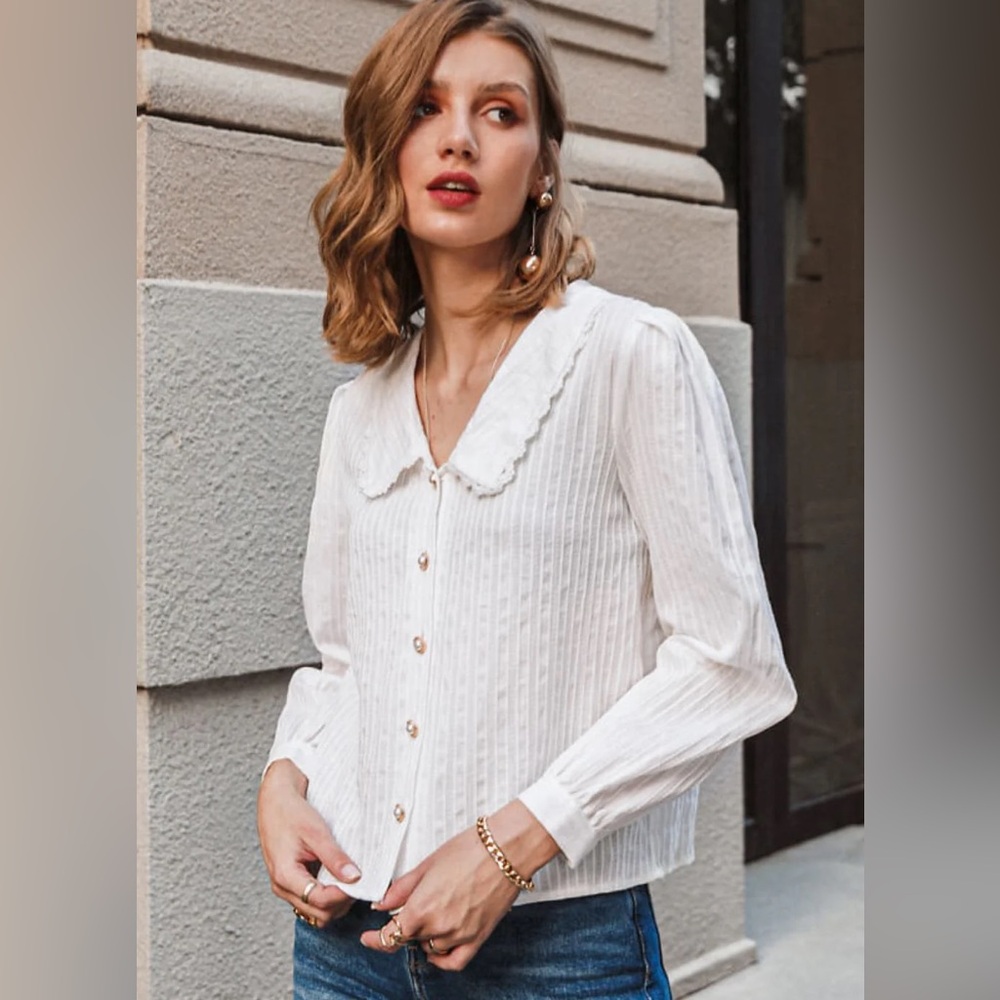 Simplee Peter Pan Collar Lace Trim Button Front Womens Shirt Size Large